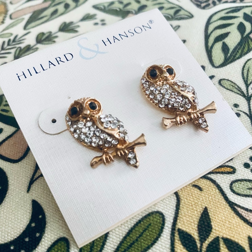 Hillard & Hanson Gold Tone Owl Stud Earrings with Clear Crystals - Picture 2 of 3